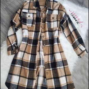Casual Wool Blend Plaid Shirt Jacket Loose Button Down Shacket Coat